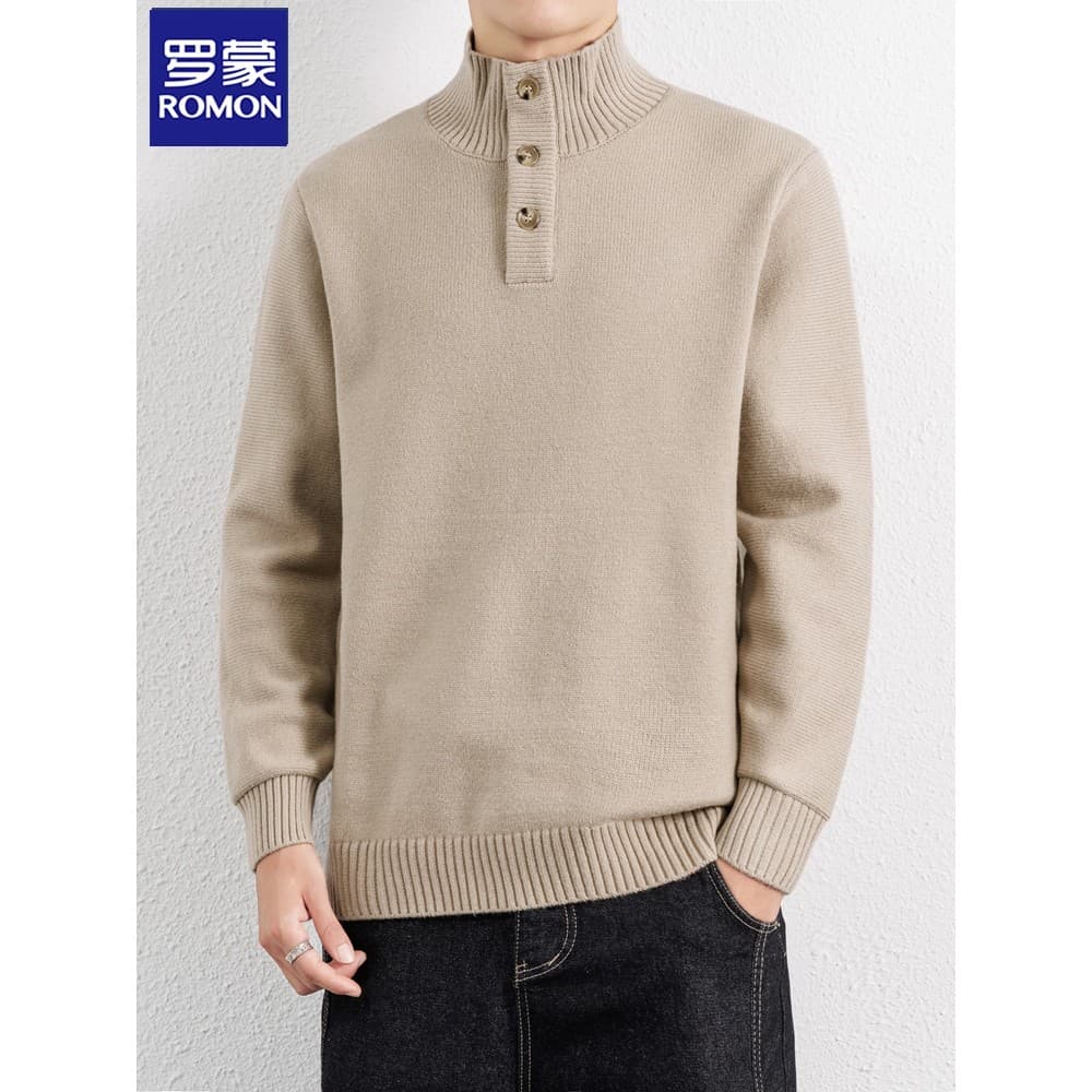 Romon Lã Henry Collar Suéter Masculino Outono Inverno Americano Casual Simples Botão Bottoming Malhas Suéter Quente