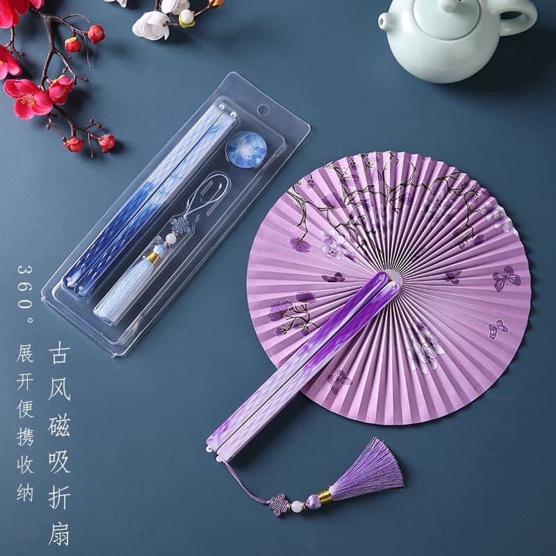 Leque de papel dobrável estilo chinês, leque portátil de estilo antigo com franjas para mulheres, leque redondo clássico