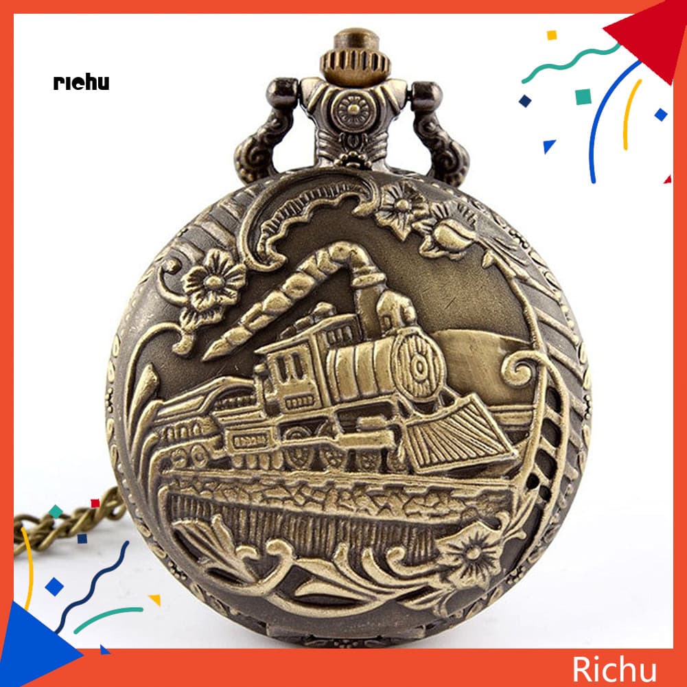 Richu * Unissex Antigo Caso Vintage Latão Costela Corrente Trem Padrão Relógio De Bolso De Quartzo