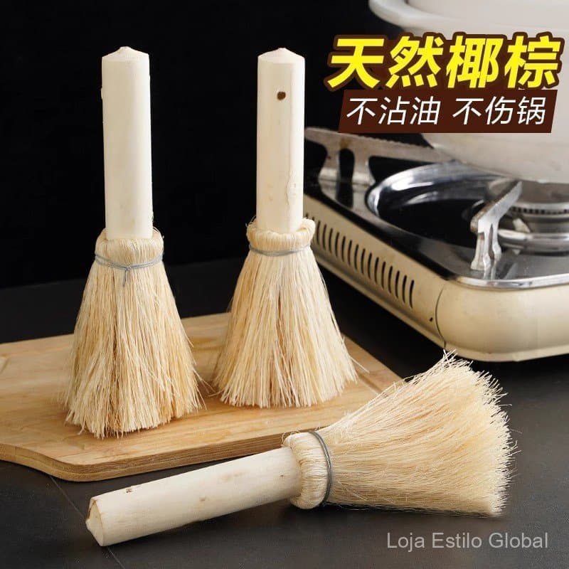 Escova de limpeza multifuncional para cozinha, feita de fibra natural de coqueiro, com cabo de madeira, esponja para pan