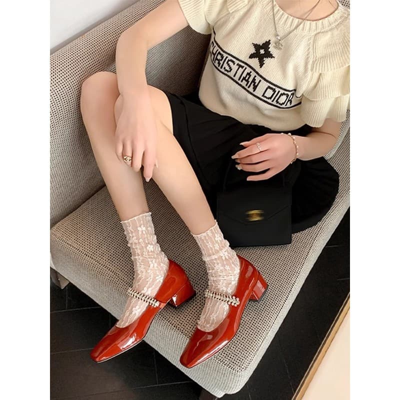 Estilo de balé tubo médio com Mary Jane pequenos sapatos de couro malha rendas pilha meias de renda branca feminino verã