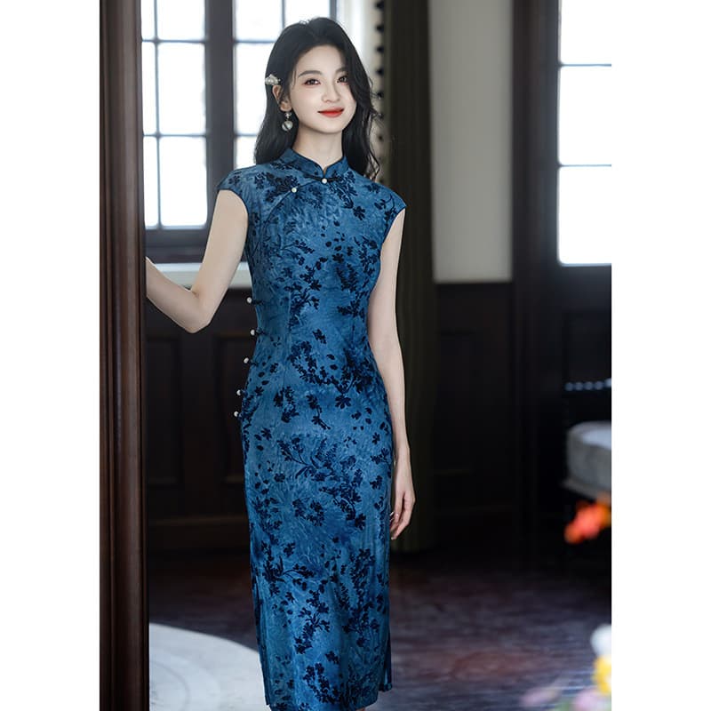 Azul Cheongsam feminino novo estilo chinês melhorado vestido de comprimento médio verão tamanho grande elástico fino aju