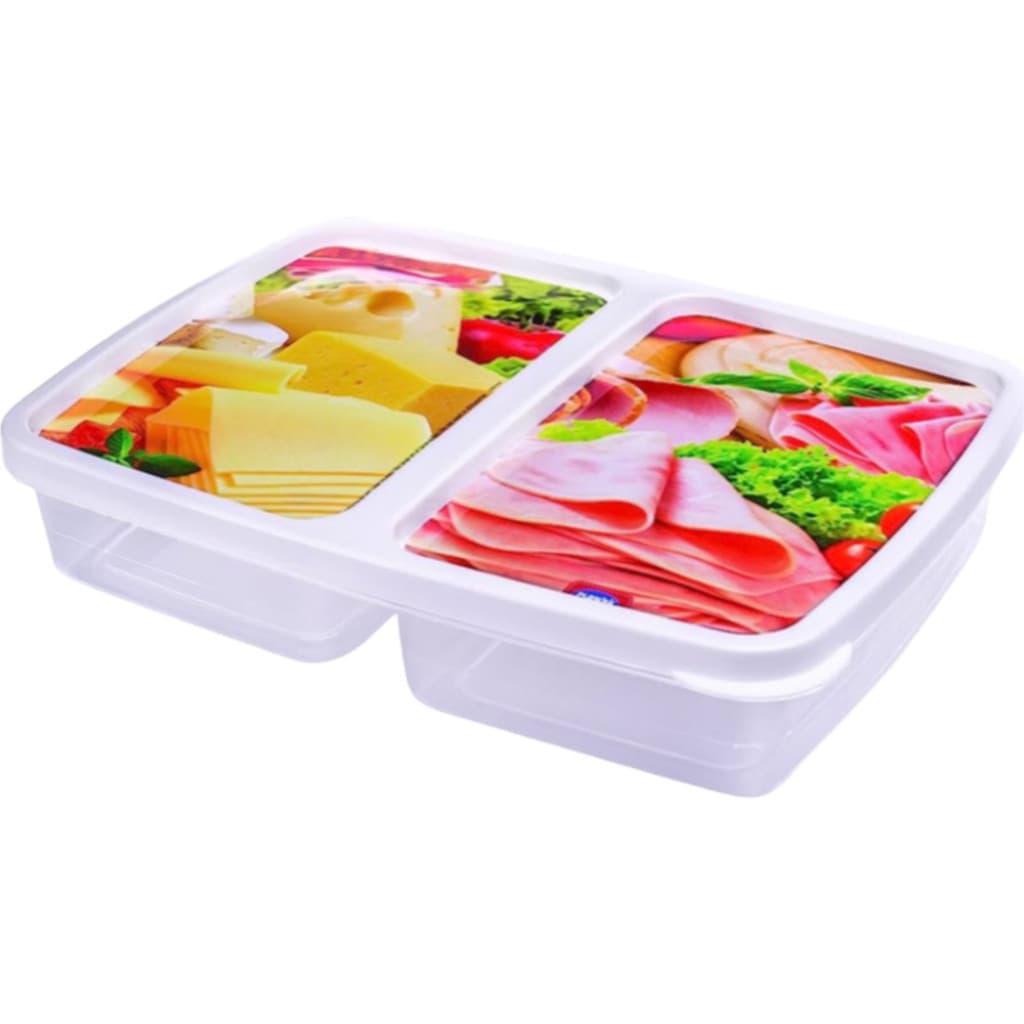Porta Frios Presunto e Queijo Duplo Retangular Plástico 2 Divisórias Decorada  Pote de Plástico