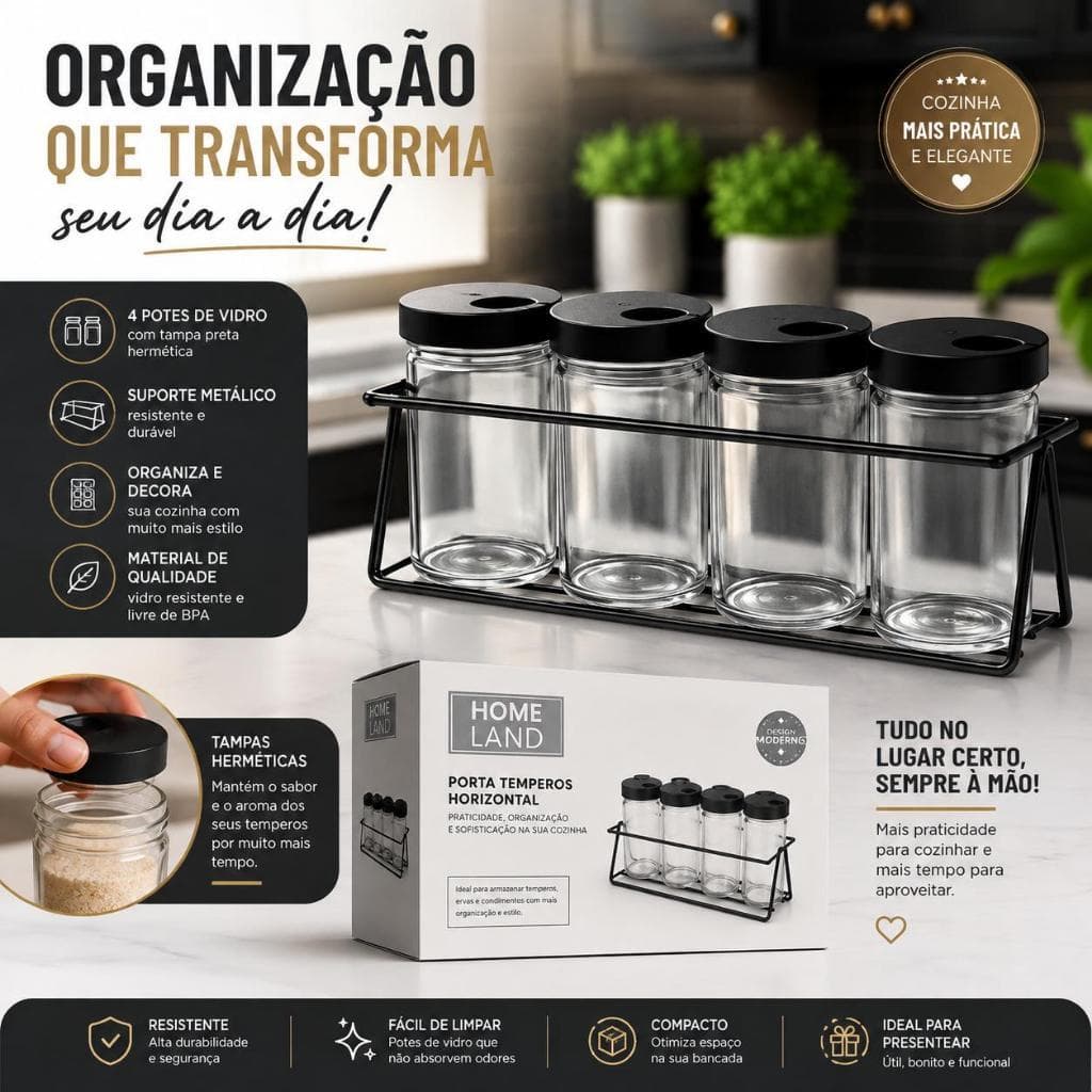 Porta Temperos Horizontal Home Land Com 4 Potes De Vidro