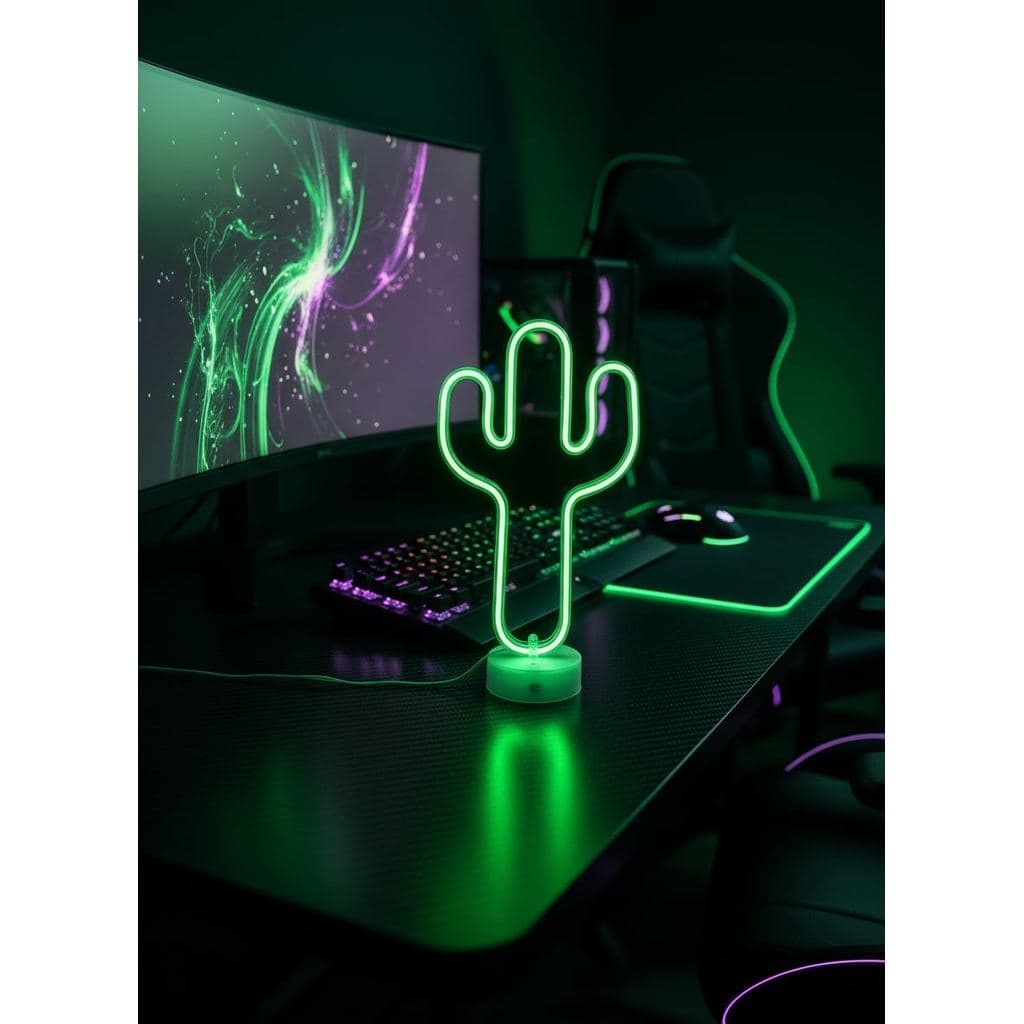 Luminária Neon LED Cacto Verde  Decorativa para Quarto Escritório Festa
