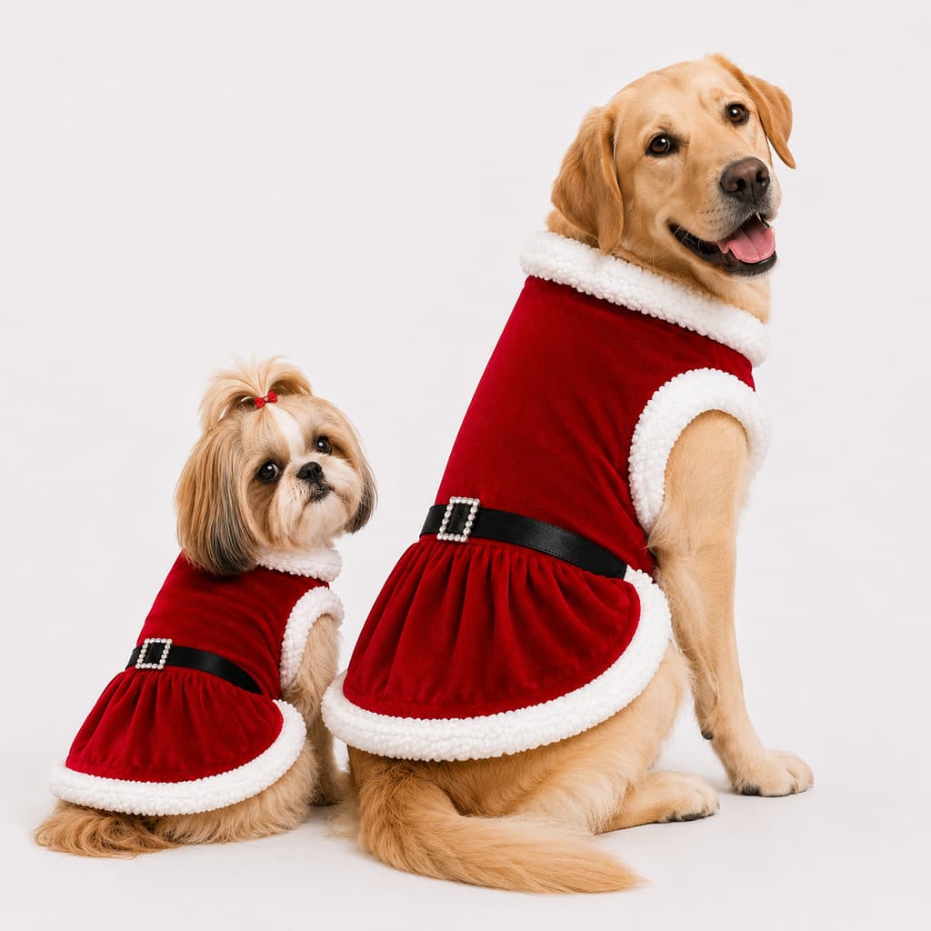 Vestido de Natal Para Cachorro Pet Mamãe Noel – Roupa Natalina com Pelúcia e Cinto