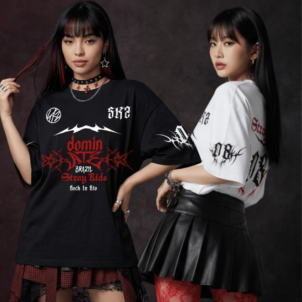 Camiseta Oversized Stray Kids DominATE Rock In Rio 2026 Kpop Em Algodão 100% Estampa Premium