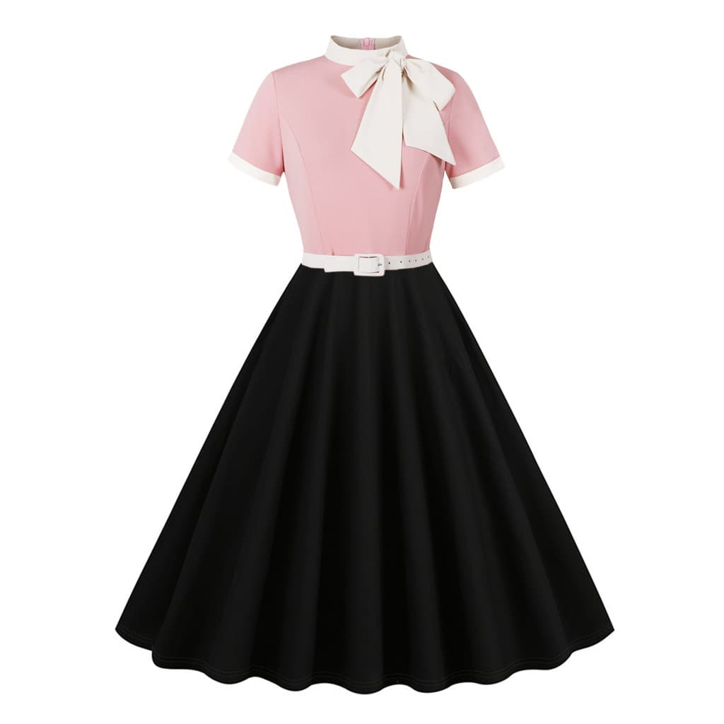 Tonval Arco Pescoço Dois Tons Retalhos Feminino Vintage Verão Manga Curta Com Cinto Vestidos De Balanço Para Festa Dos A
