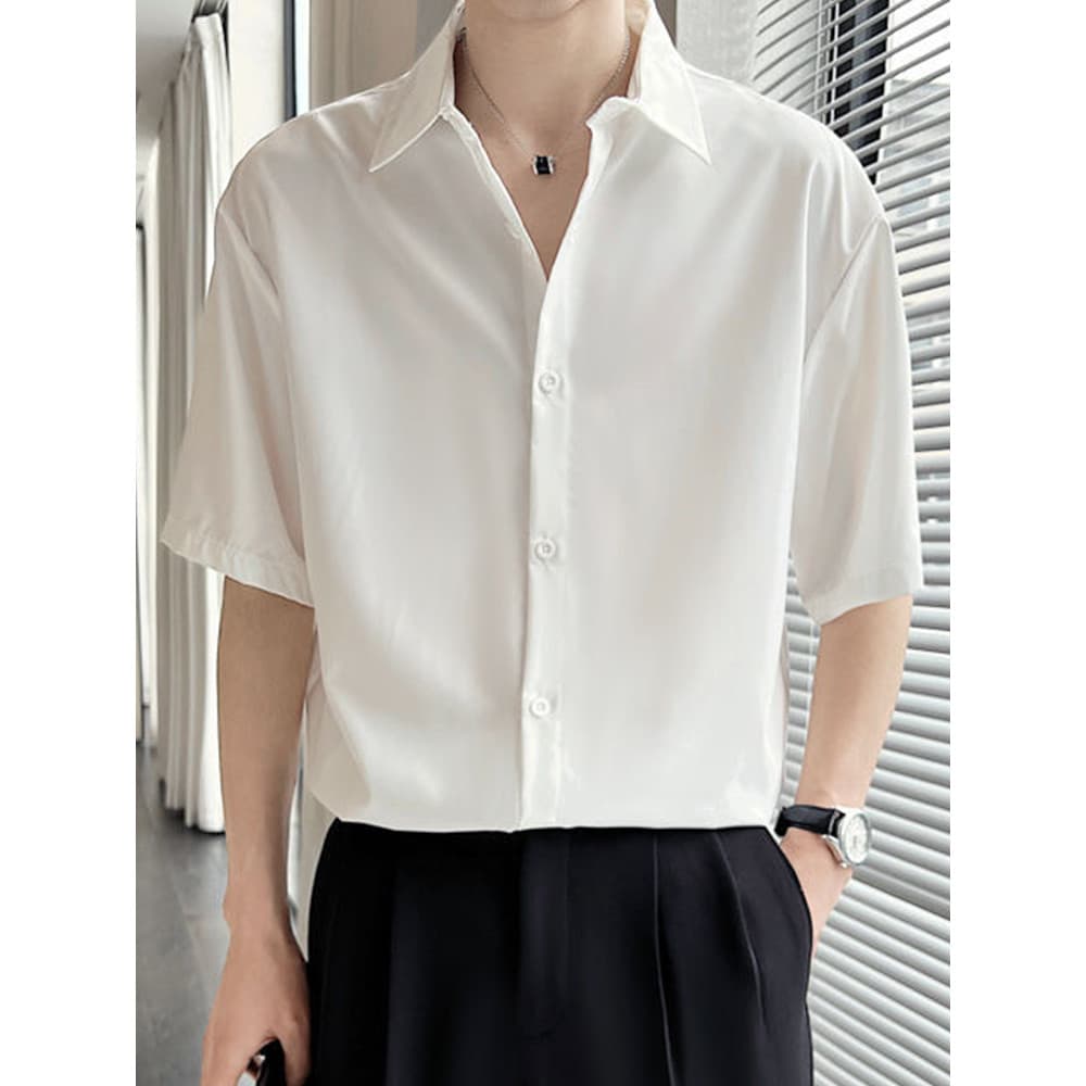 Camisa masculina de manga curta de seda gelo cor sólida verão preto High-End branco rufião bonito camisa de manga compri