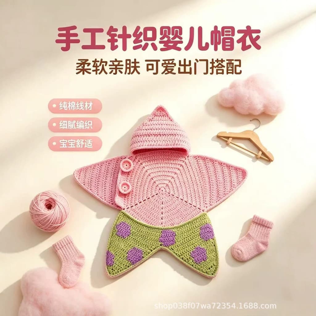 Novo produto transfronteiriço feito à mão em crochê tricô bebê estrela do mar com capuz saco de dormir conjunto de bebê