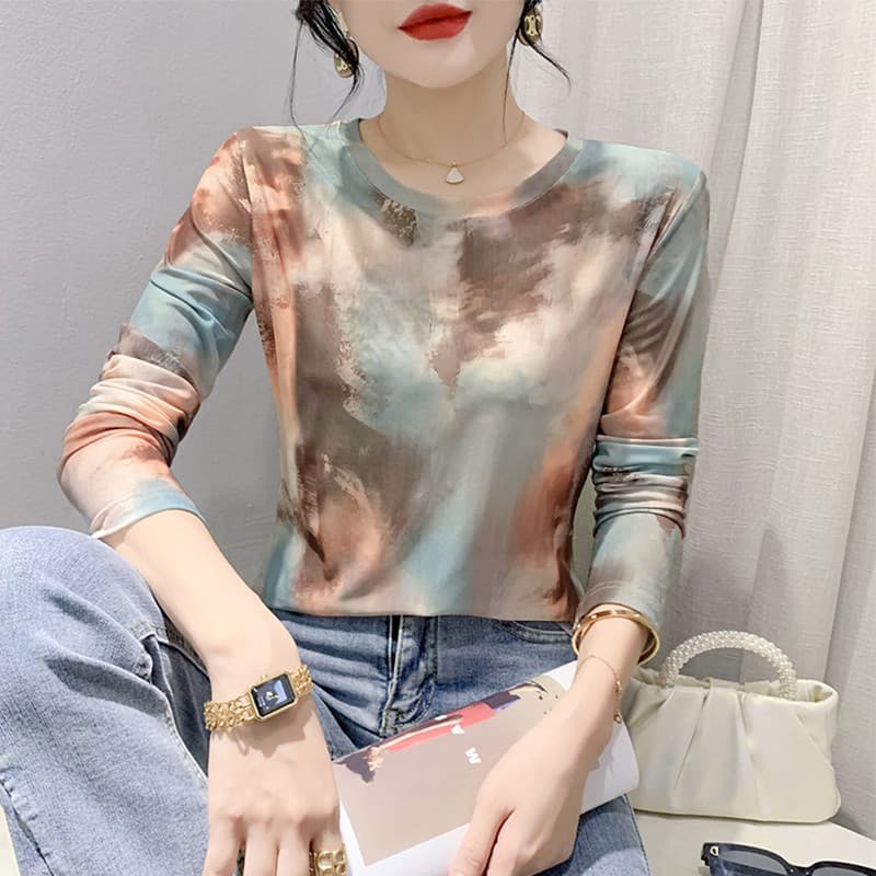 Moda impressa camiseta feminina de manga comprida primavera estilo fino gaze interna magro-ajuste temperamento superior