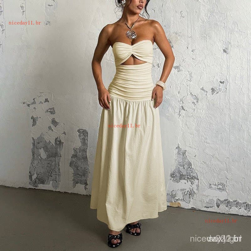 Novo vestido de festa de praia de verão, design sem alças com recortes, adequado para mulheres, vestido de comprimento m