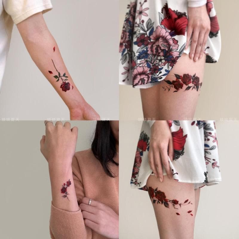 Adesivo de tatuagem vermelho rosa flor braço pequeno padrão fresco à prova dwaterproof água de longa duração simulação f