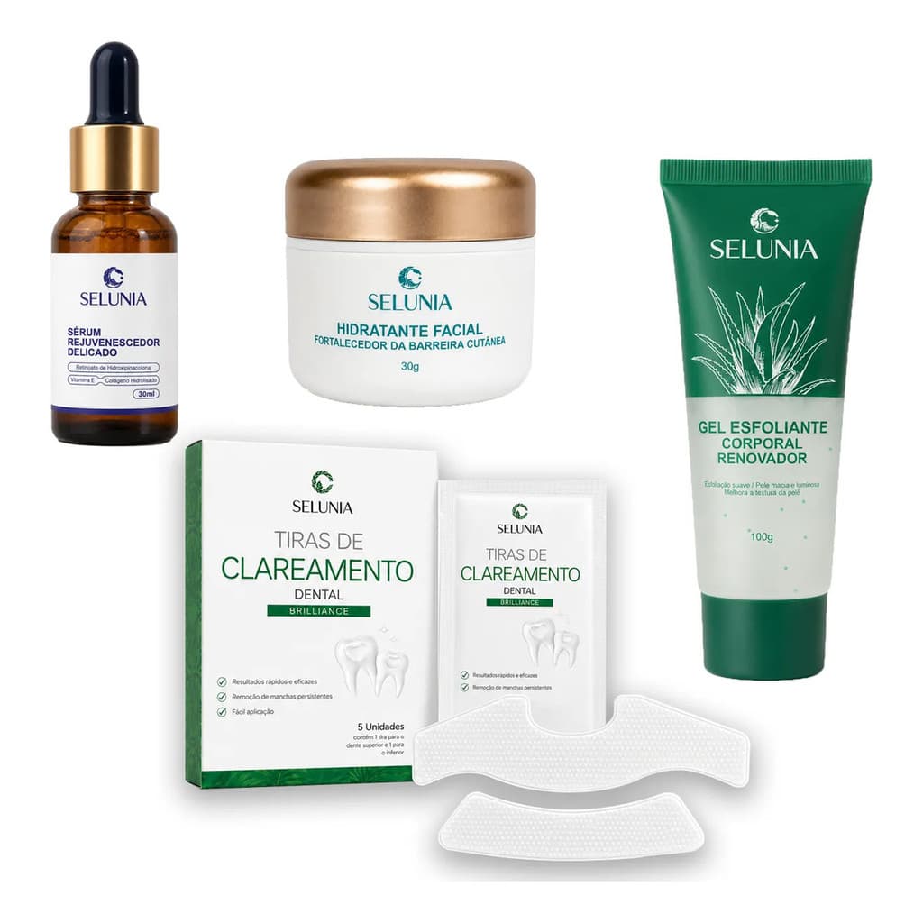 Kit Skincare 4 Itens Sérum Creme Esfoliante Tiras Dentais
