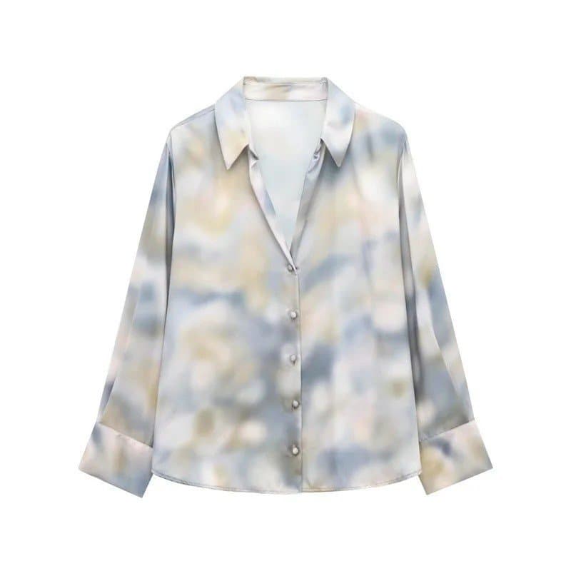 Nova Camisa de Seda Satin com Estampa Tie-Dye, Elegante e Graciosa, Casual e Moderna
