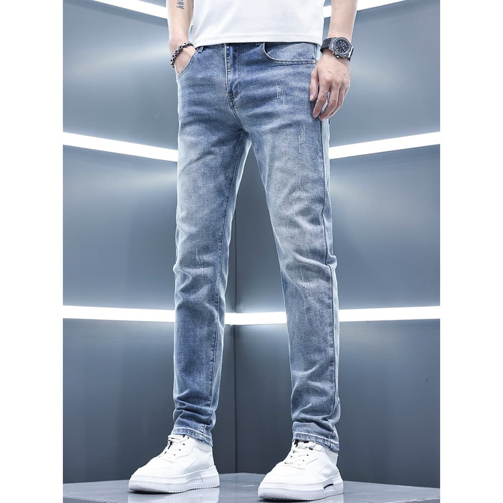 2026 novo estilo Jeans masculino verão fino azul calças masculinas fino ajuste pés pequenos estiramento calças casuais e