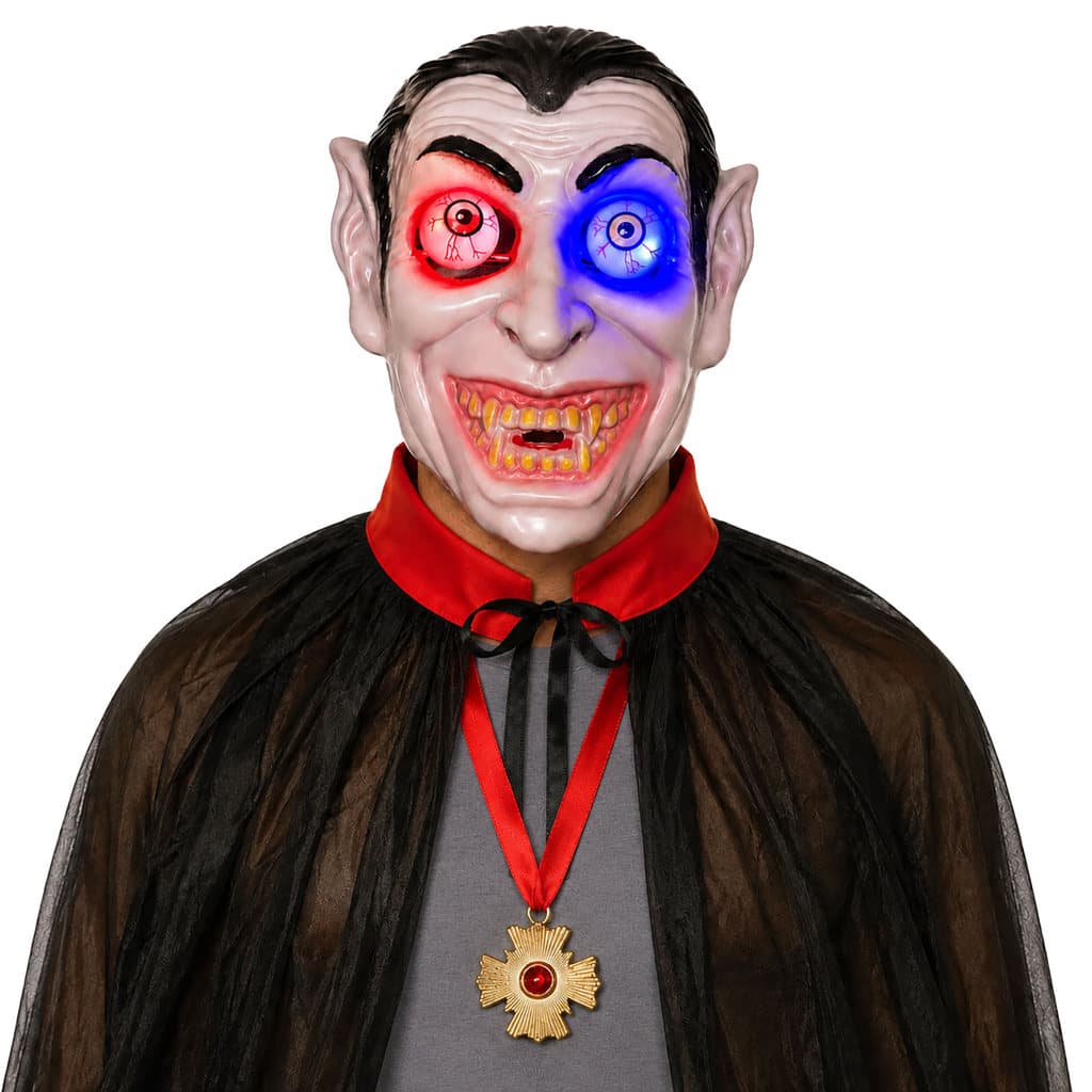 Kit Fantasia Vampiro Adulto Capa 140 cm + Máscara Olhos Saltados LED Bicolor + Medalhão Halloween