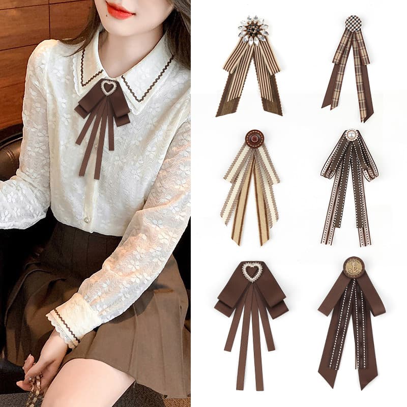 Camisa de gravata borboleta feminina estilo Preppy britânico marrom marrom temperamento de alta qualidade retrô uniforme