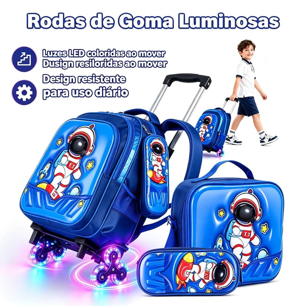 kit mochila 3D com Rodinha + lancheira térmica + estojo alto relevo para menino