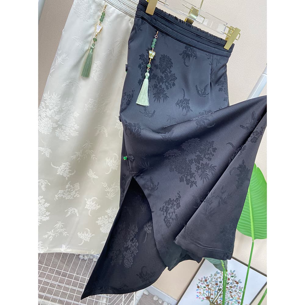 Elegante novo estilo chinês Jacquard pingente saia feminina primavera cintura alta mais magro olhar fenda comprimento mé
