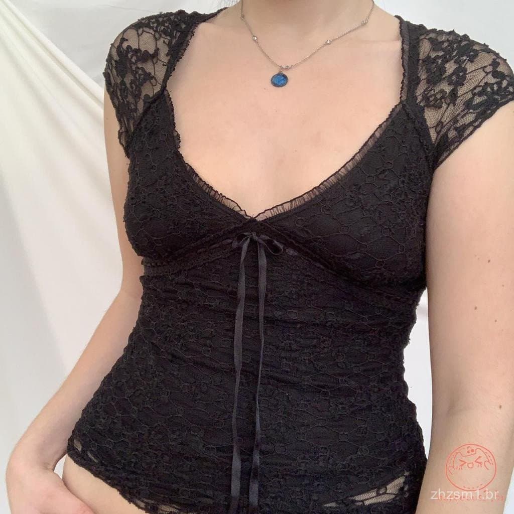 RUy2k Blusas Femininas de Renda com Decote em V