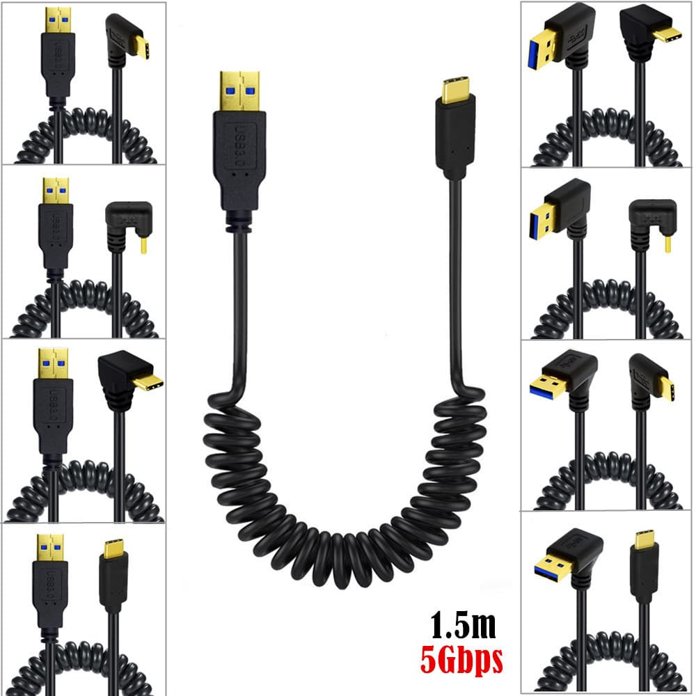 Cabo de mola USB para tipo C 1.5 m | Cabo de dados USB-A para USB-C 3.0 de 5 Gbps | Cotovelo/em forma de U | Adequado pa