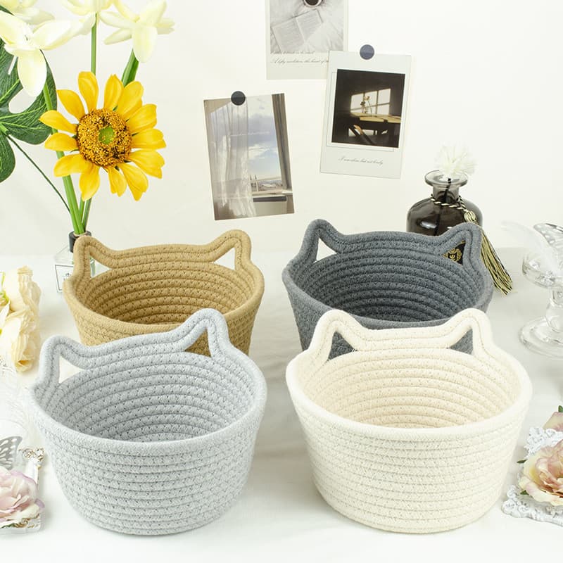 Cesta de armazenamento de mesa com orelha de gato, cesta de armazenamento tecida à mão para sala de estar, chave, corda