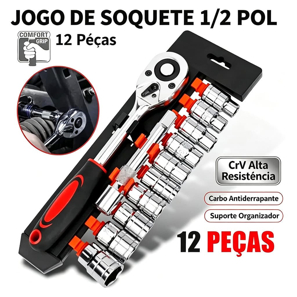 Jogo de Soquete 1/2 Pol 12 Peças, Chave Catraca CrV Aço Cromo Vanádio para Mecânica e Reparos