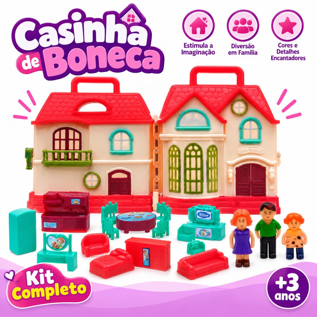 Brinquedo Casa de Boneca Infantil com Família Móveis e Acessórios Casinha