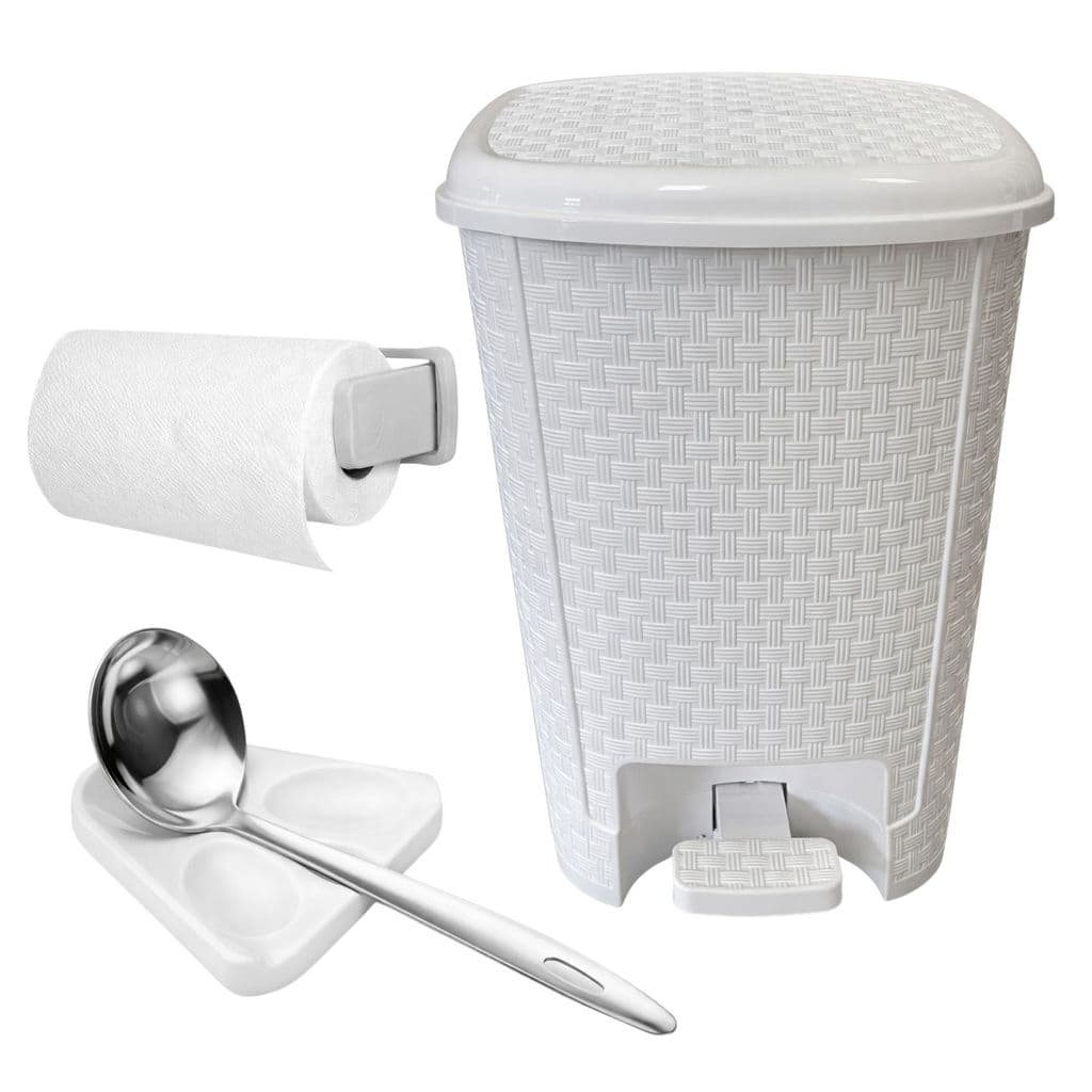 Kit Lixeira 7L Pedal E Suporte Papel Toalha E Apoio Talher Bancada Cozinha Cestinho Toalheiro