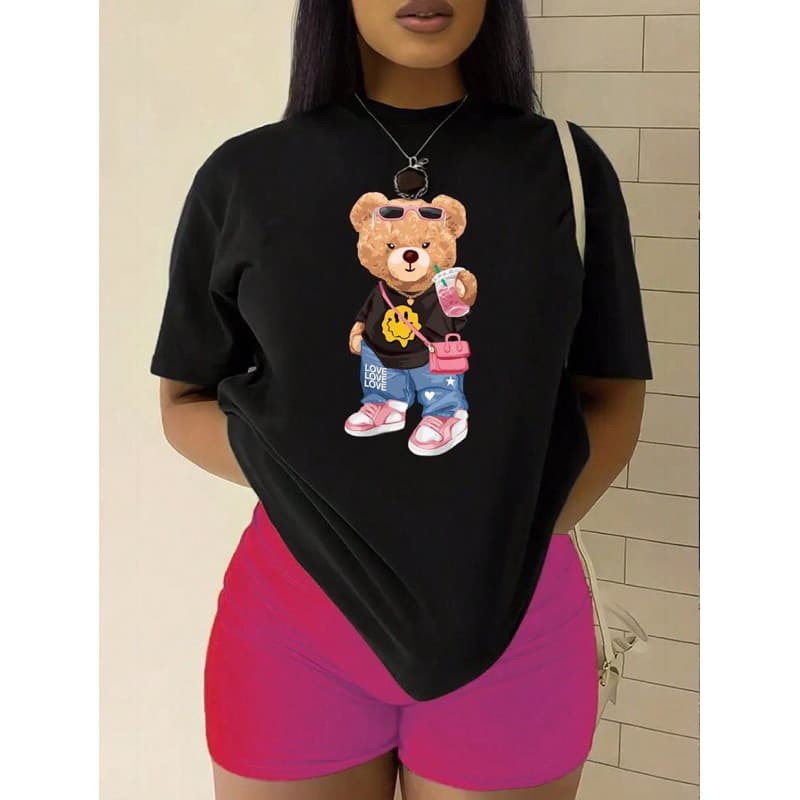 T-shirt camiseta feminina ursinho blusa Streetwear camisa 100% algodão camisa Premium