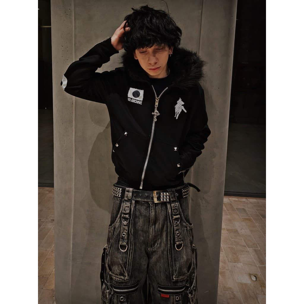 Retro E Na Moda Nova Gola De Couro Zíper Camisola Com Capuz Y2K Hip-hop Casual Outono Casal Esportes