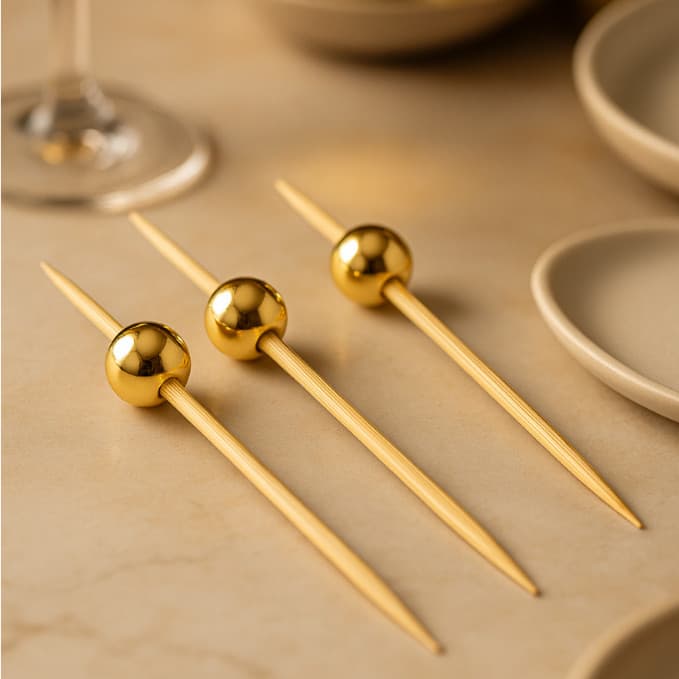 Palito de Bambu para Petiscos Bolinha Dourada com 50 Unidades - 9cm - Decoração de Festa