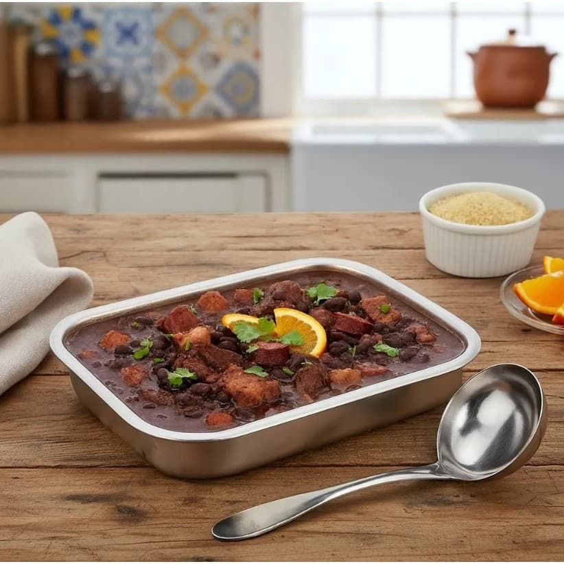 Travessa Inox Para Feijão Feijoada Com Concha Servir Bandeja - Aço Inox