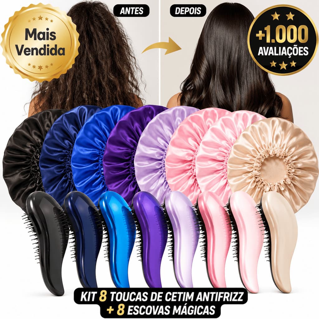 Kit Econômico 8 Toucas de Cetim + 8 Escovas Mágicas Antifrizz | Cabelos Cacheados, Lisos e Ondulados | Desembaraça Sem Q