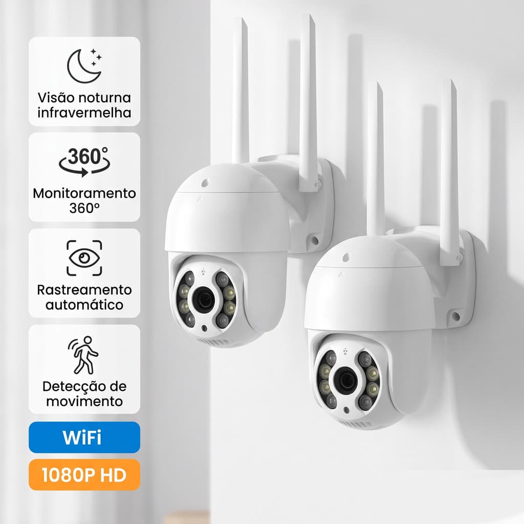 Câmera IP Externa WiFi com PTZ Speed Dome – Sensor de Movimento, HD à Prova d'Água, Zoom e 2 Antenas, Compatível com ICS