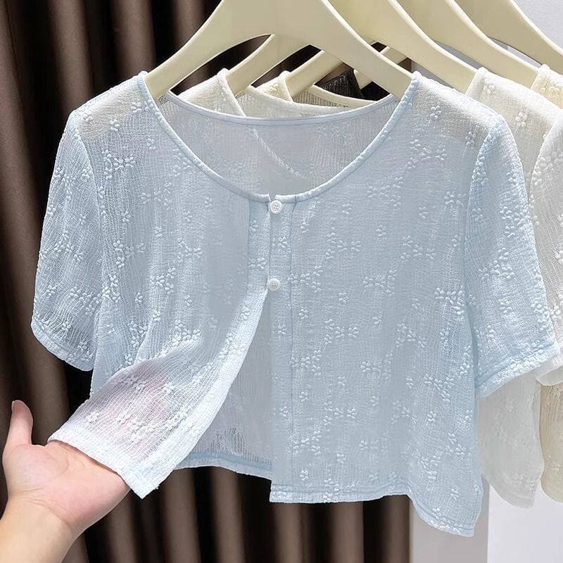 Cardigan de manga curta de renda estilo fino feminino estilo curto verão com saia estilingue blusa externa gaze de alta
