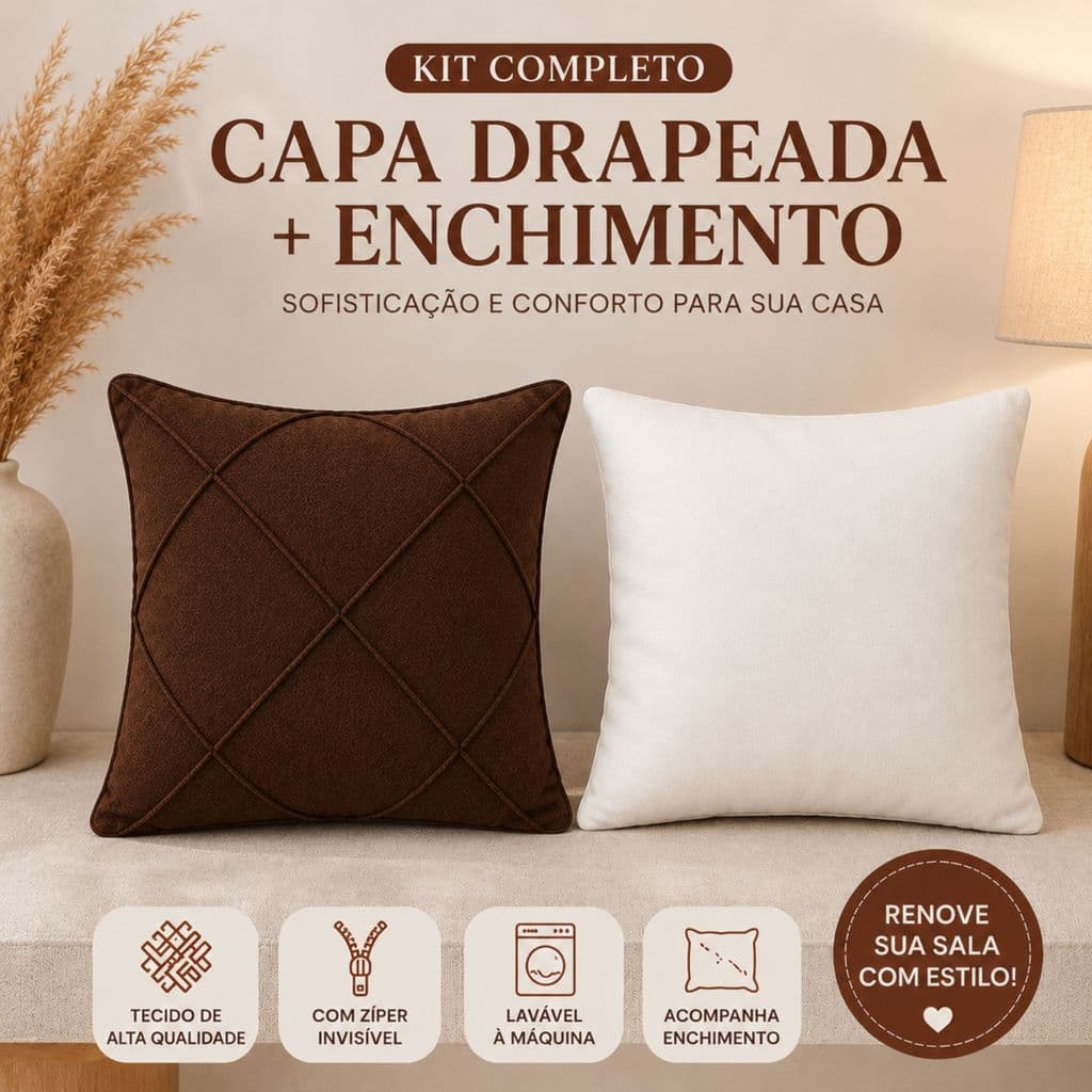 Kit 2 Capas De Almofada Drapeada + Enchimento Lavável Antialérgico Suede Premium Zíper Invisível