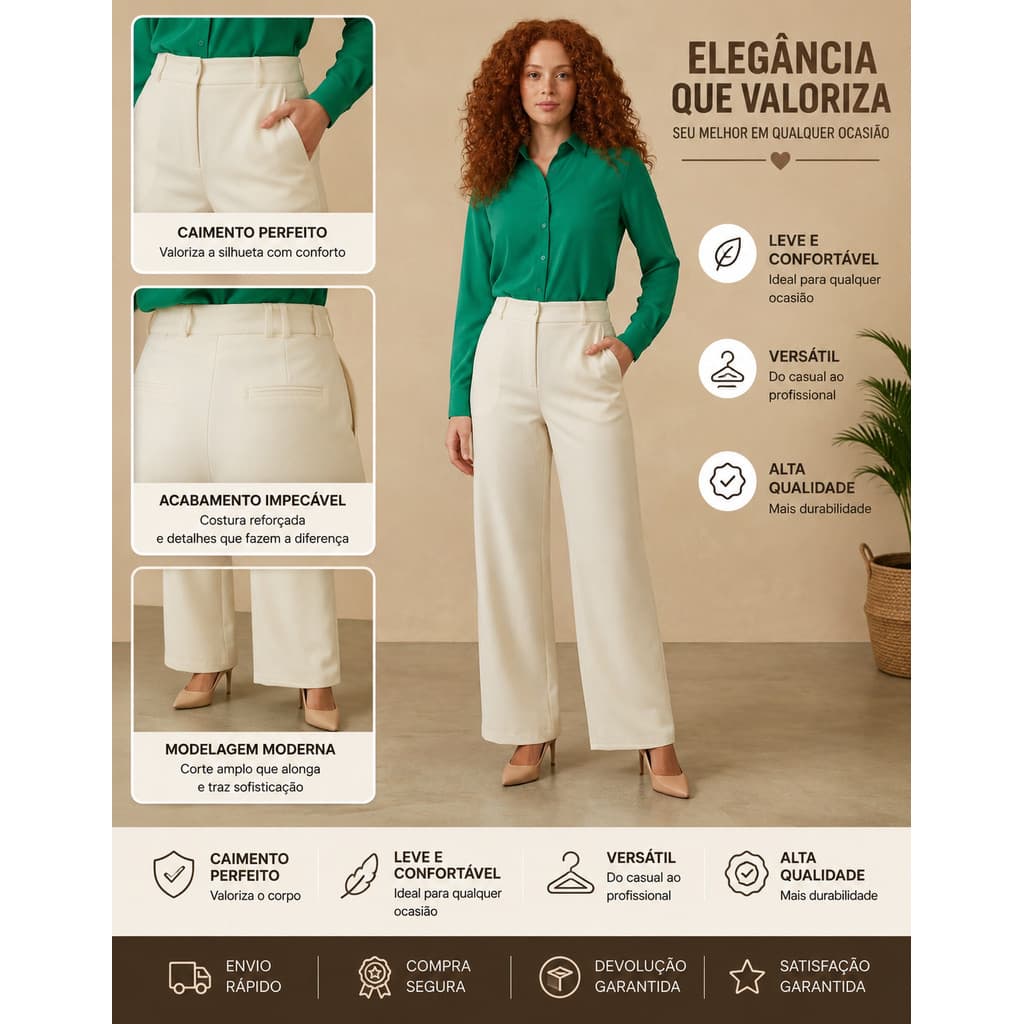 Calça Wide Leg Alfaiataria Feminina Cintura Alta Premium Caimento Perfeito Pano Maravilhoso