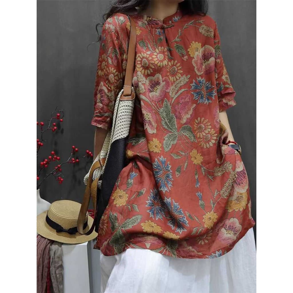 Retro impresso camisa de comprimento médio feminino verão novo estilo solto tamanho grande em torno do pescoço meia mang