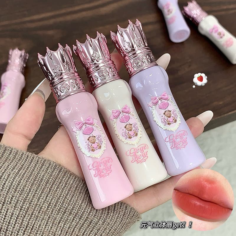 [Estoque pronto] Batom de veludo com névoa de seda de urso fofo cor branqueadora esmalte labial beleza maquiagem seguran