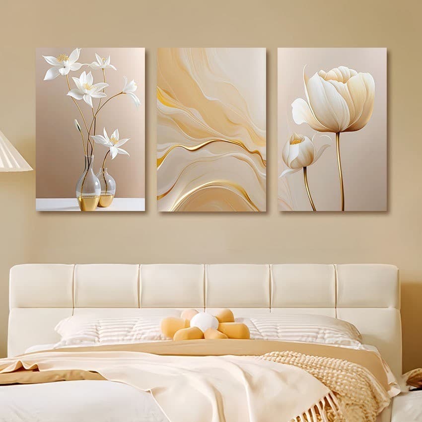 Kit 3 Quadro Decorativos 3 Peças Flores Brancas Tons De Areia Quente Quarto Quadros Decorativos Sala Parede Moderno Arte