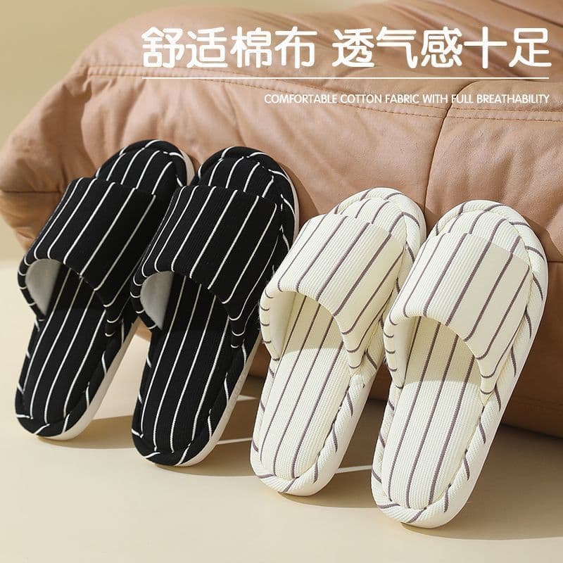 Preto branco listrado chinelos de linho feminino primavera outono interior casa mudo Anti-deslizamento desodorante casal