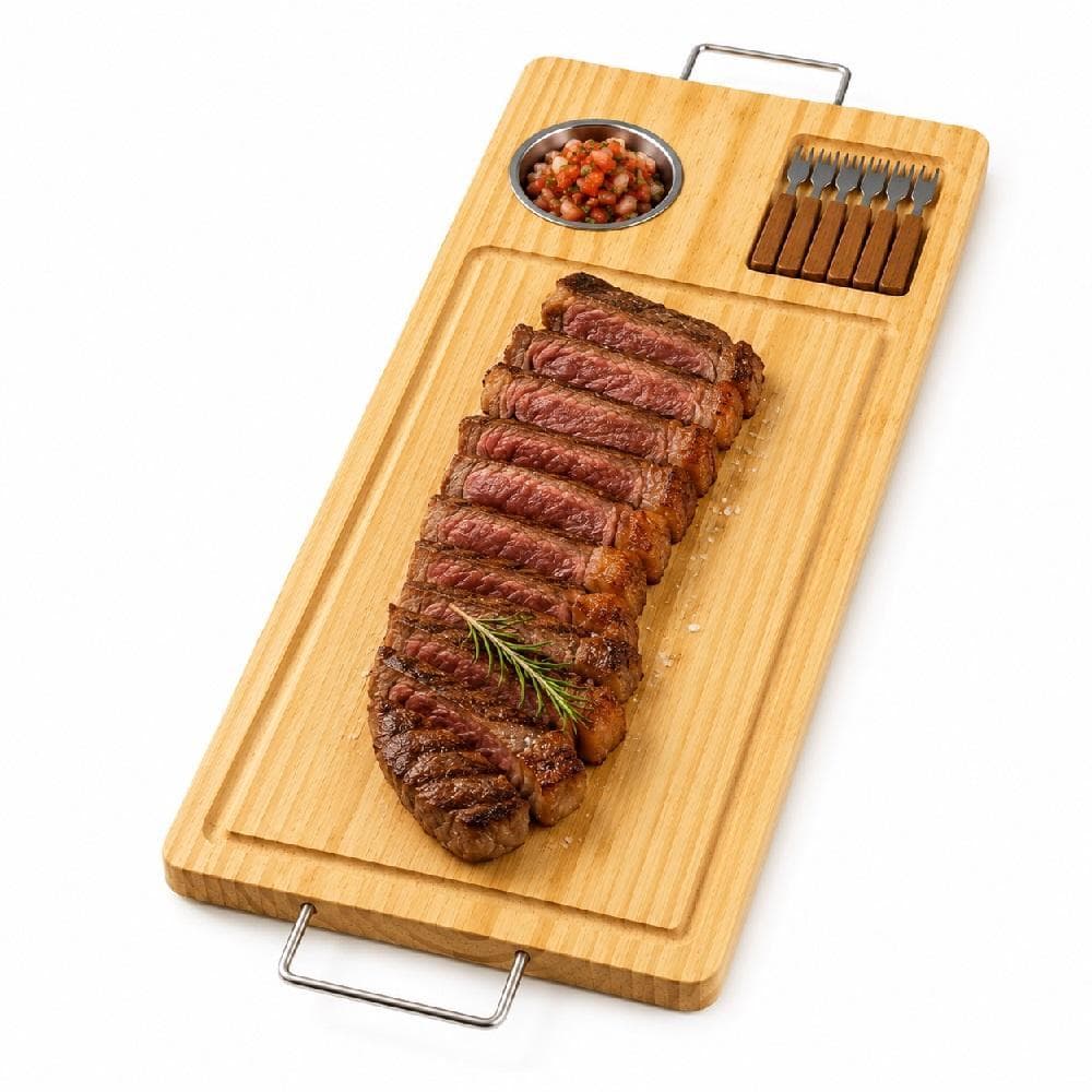KIT TÁBUA DE BAMBU PARA CHURRASCO COM MOLHEIRA 6 GARFINHOS DIVISÓRIAS PETISQUEIRA QUEIJEIRA GOURMET COM ALÇA