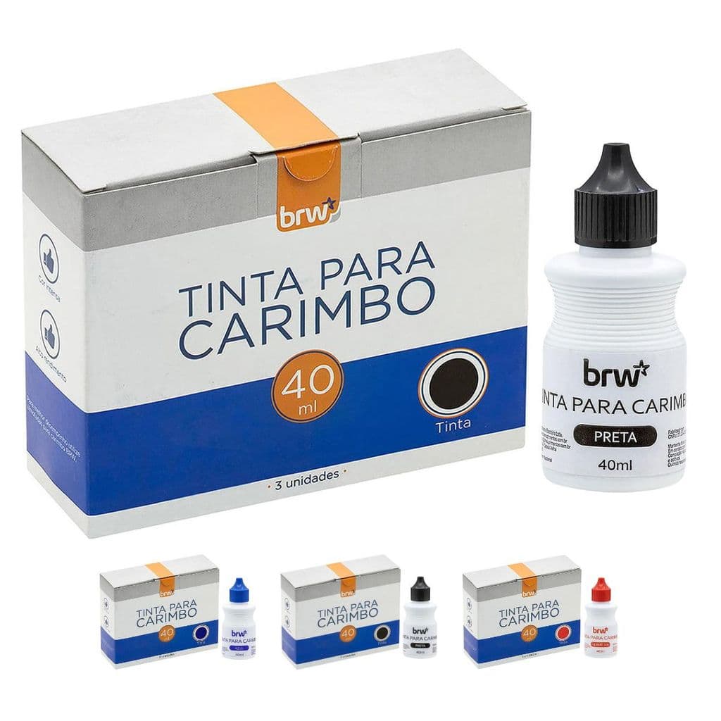 Tinta para Carimbo 40ml BRW Atóxico Base d'Água para Carimbos Auto Entintados Caixa com 3 Unidades