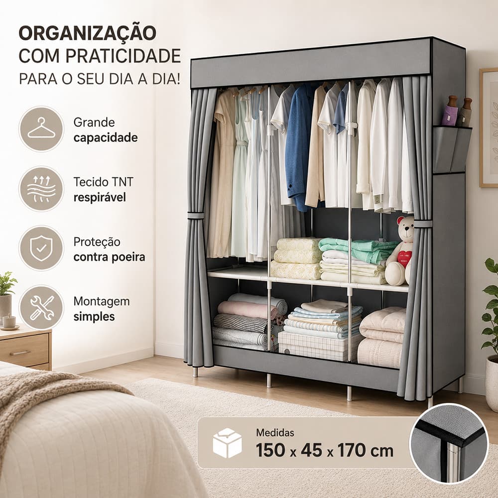 Armário Organizador de Tecido 170x150x45cm com Cabideiro Prateleiras e Capa para Quarto Compacto