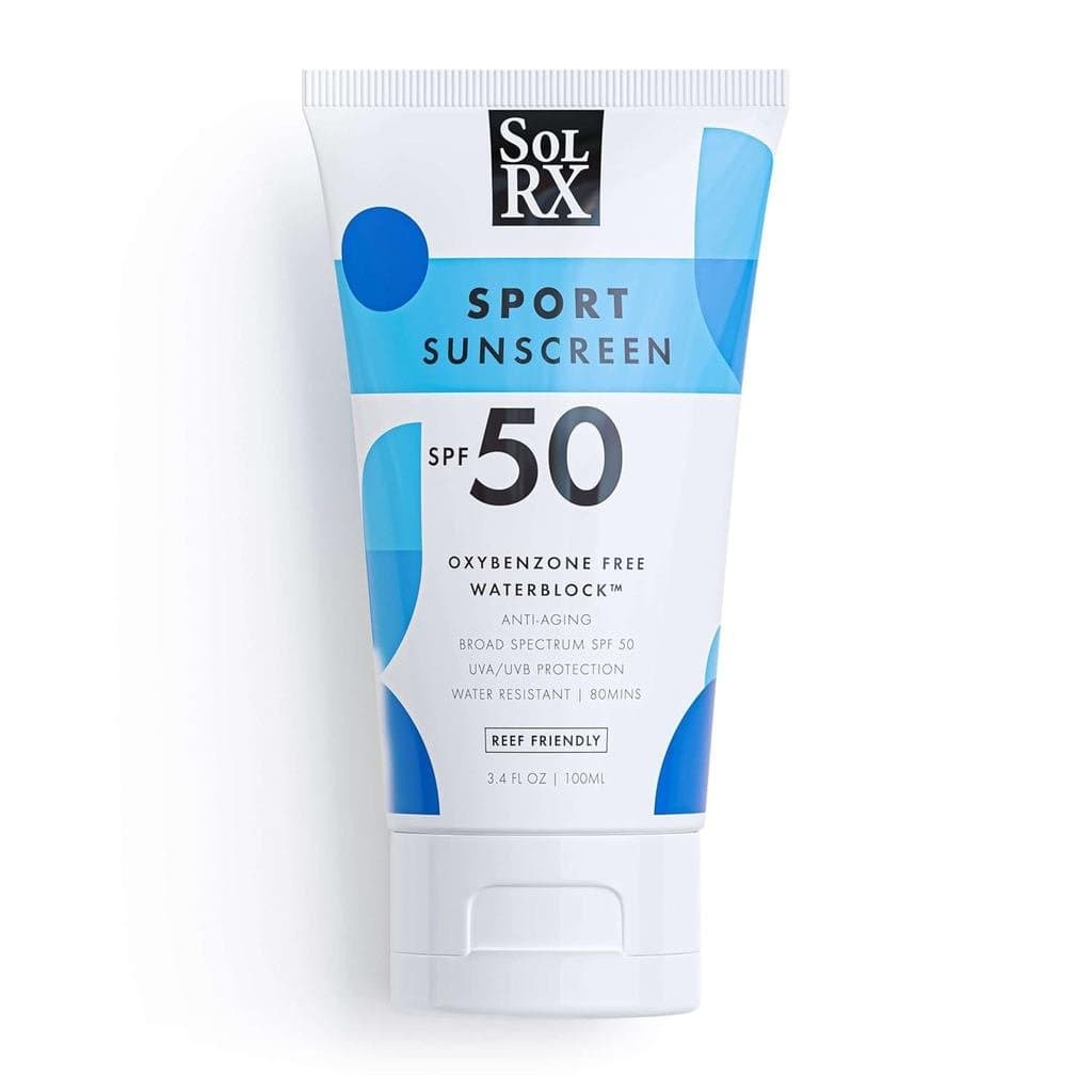 Protetor solar SolRXSPORTSPF50, sem peróxido de benzofenona, proteção de amplo espectro UVA/UVB, sem fragrância, amigo d