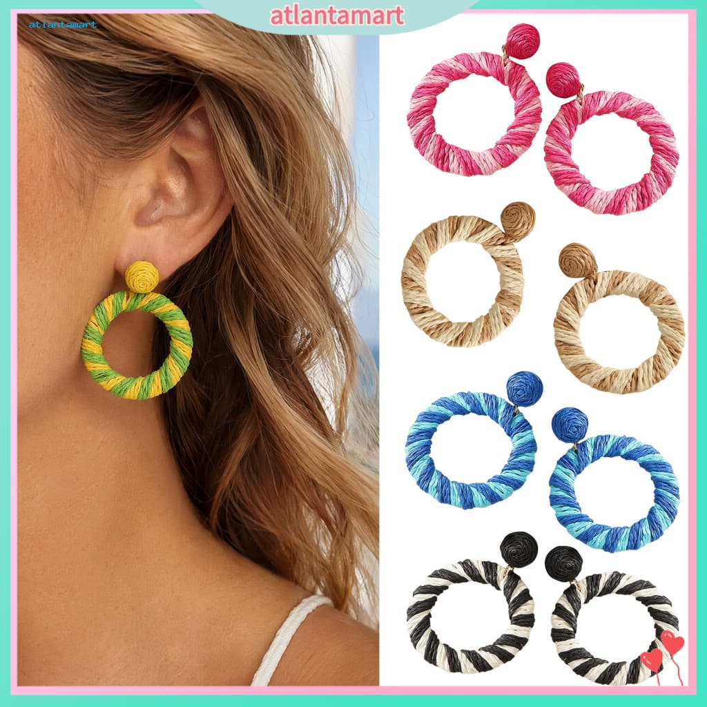 Atl 1 Par De Acessórios Boho Chiques , Brincos De Círculo Grande Padrão Listrado De Fibra Natural Para Férias Na Praia