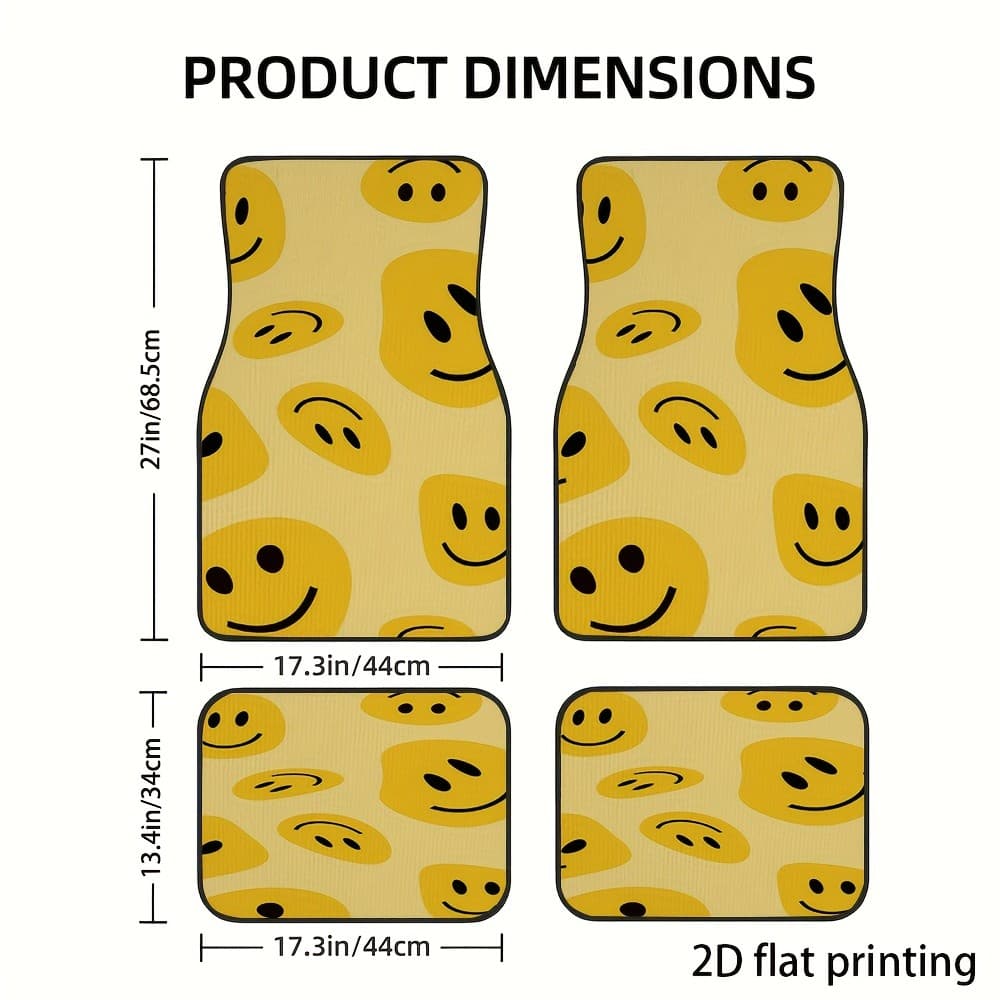 Tapetes para pés de carro de 4 peças, padrão de rosto sorridente com fundo amarelo, tapetes universais para pés de carro