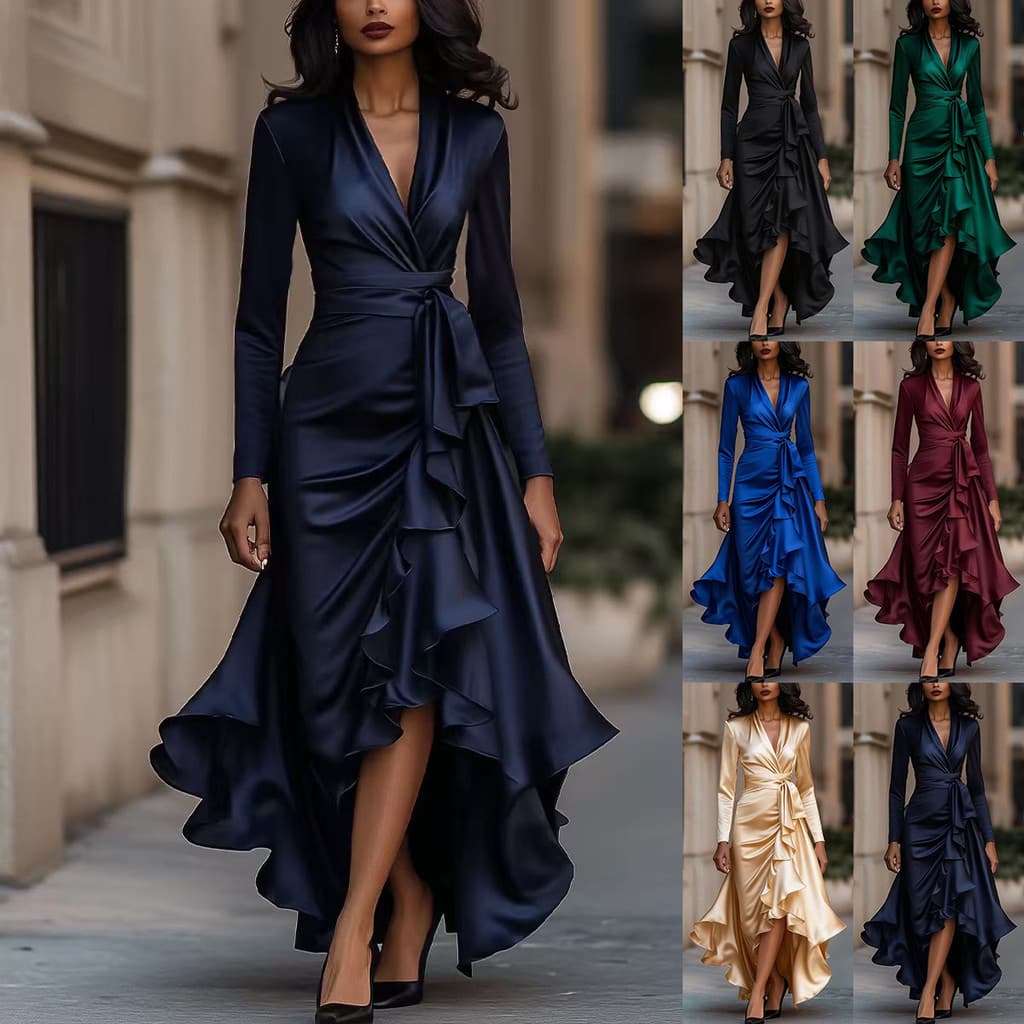 Vestido Feminino De Cetim Com Decote Em V E Babados Na Cintura